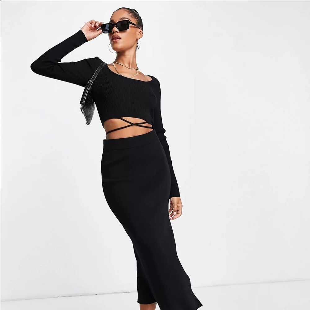 ASOS Knit top with tie waist detail AND knit skirt with front slit in black